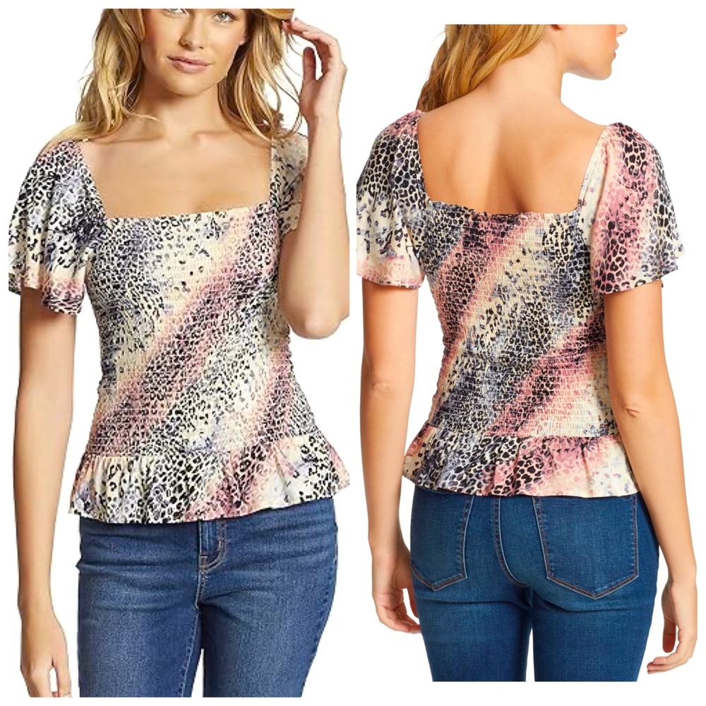 JESSICA SIMPSON Pink Stretch Smocked Ruffled Flutter Sleeve Square Neck Top
